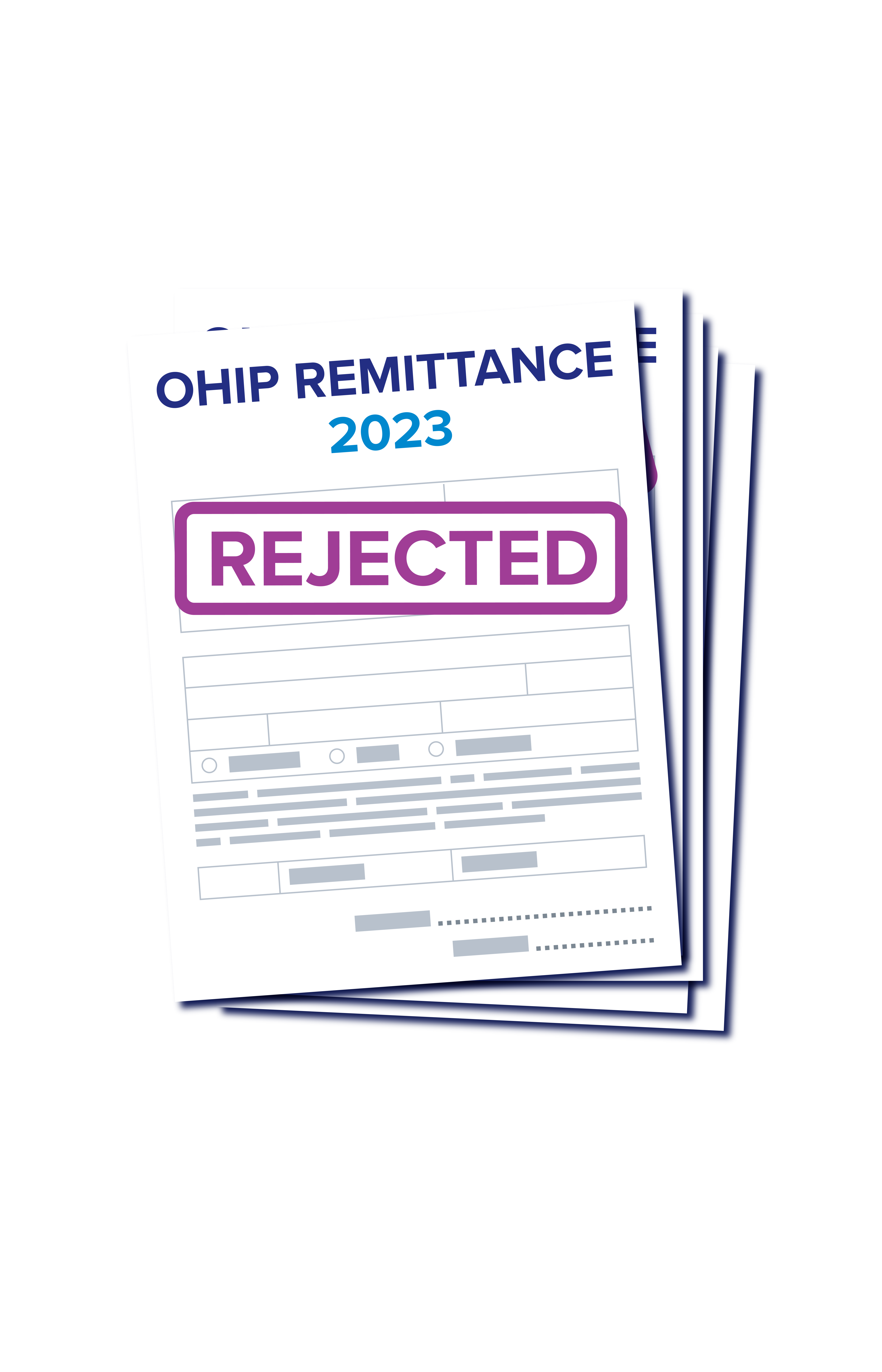 A graphic of an OHIP Remittance form from 2023, stamped "Rejected," is seen here.