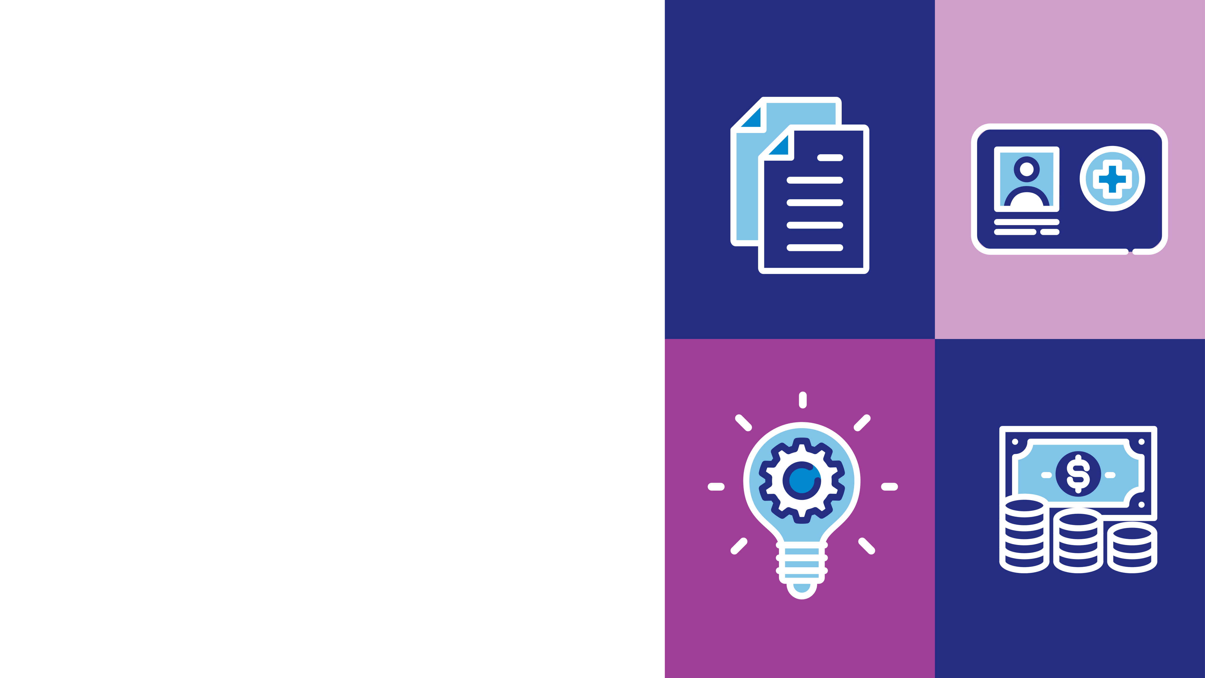 Graphic symbols for a document, a health card, a lightbulb with a gear and money are seen here.