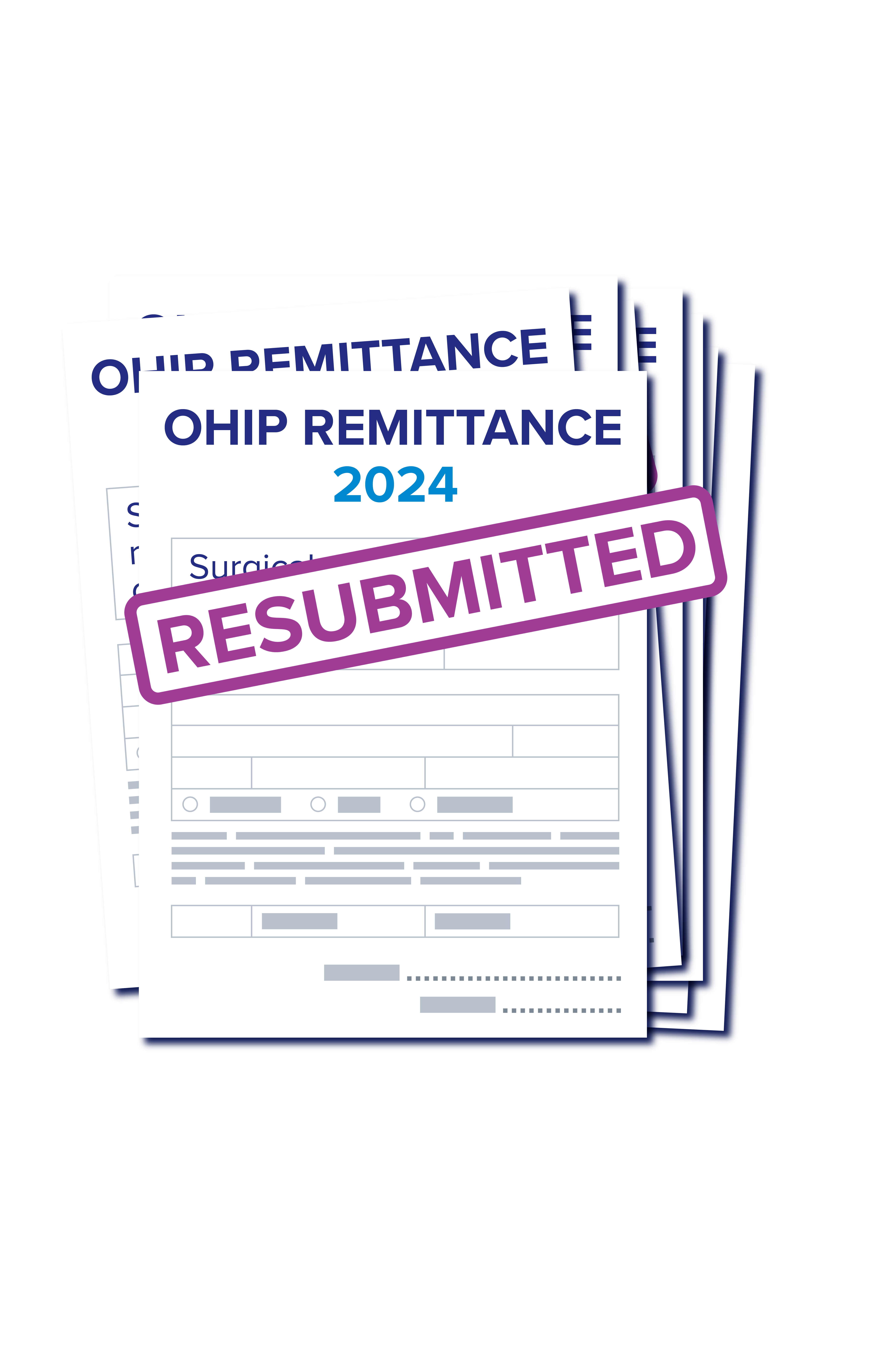 A graphic of an OHIP Remittance form from 2024, stamped "Resubmitted," is seen here.