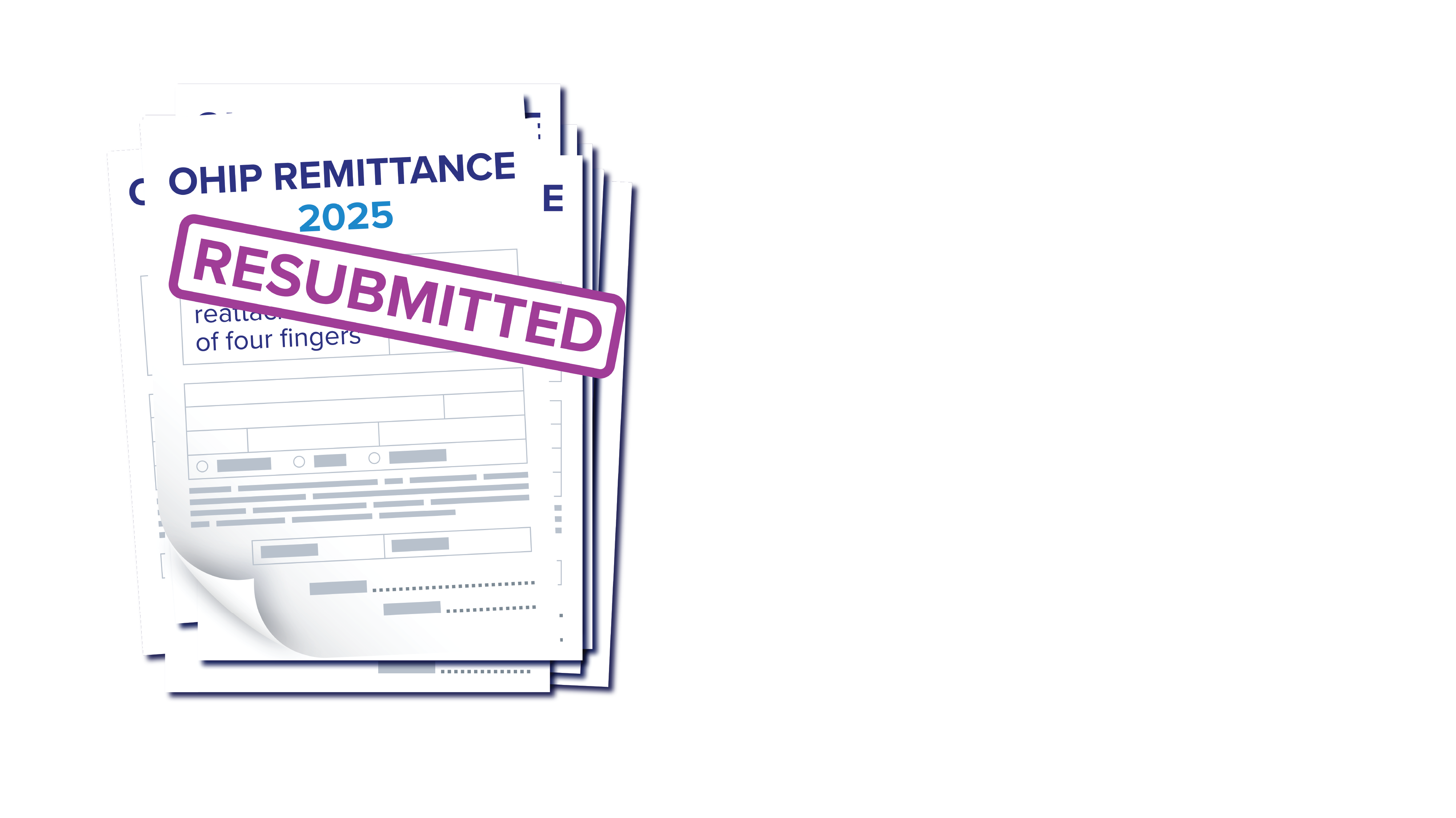 A graphic of an OHIP Remittance form from 2025, stamped "Resubmitted," is seen here.