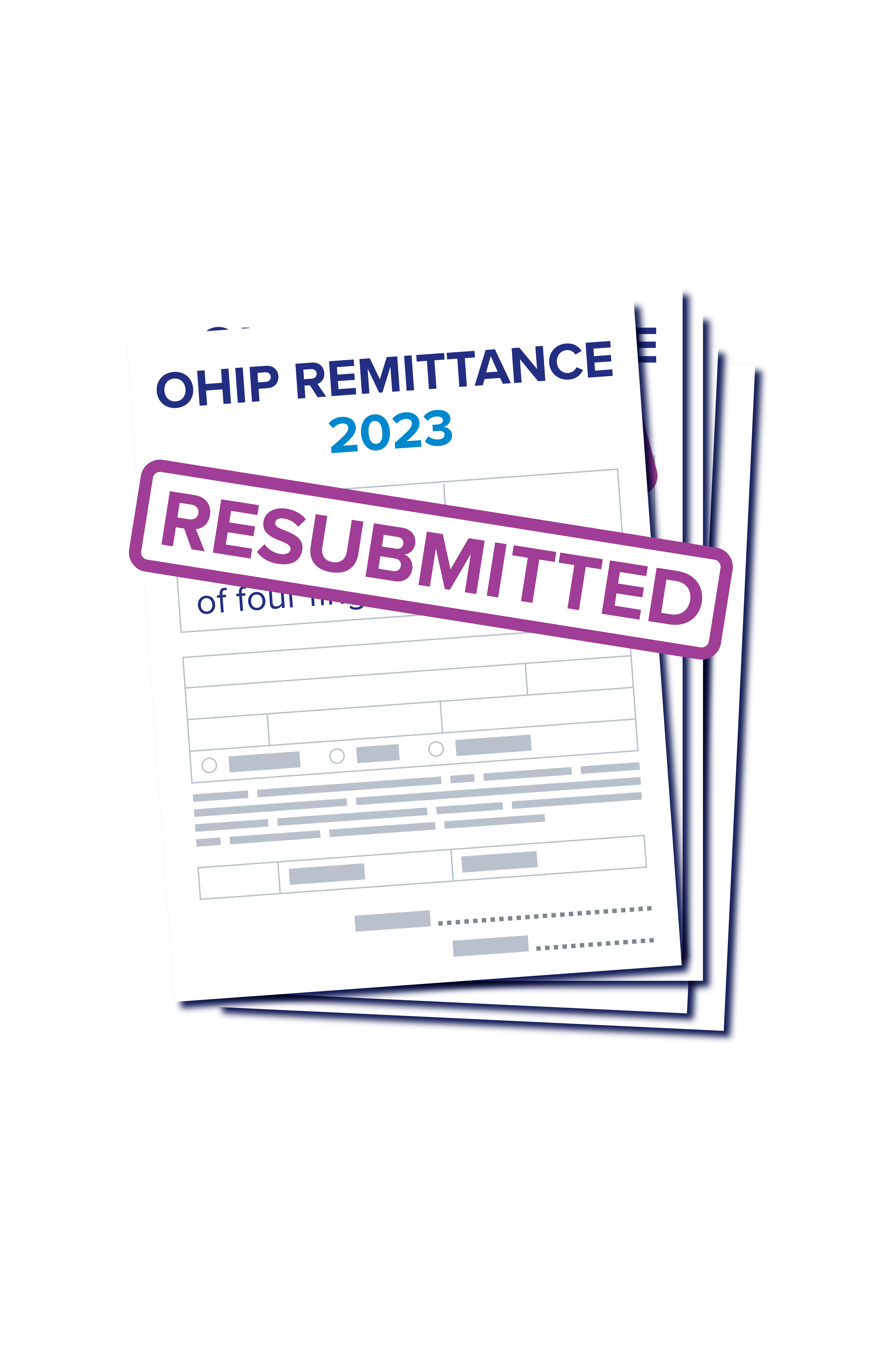 A graphic of an OHIP Remittance form from 2023, stamped "Resubmitted," is seen here.