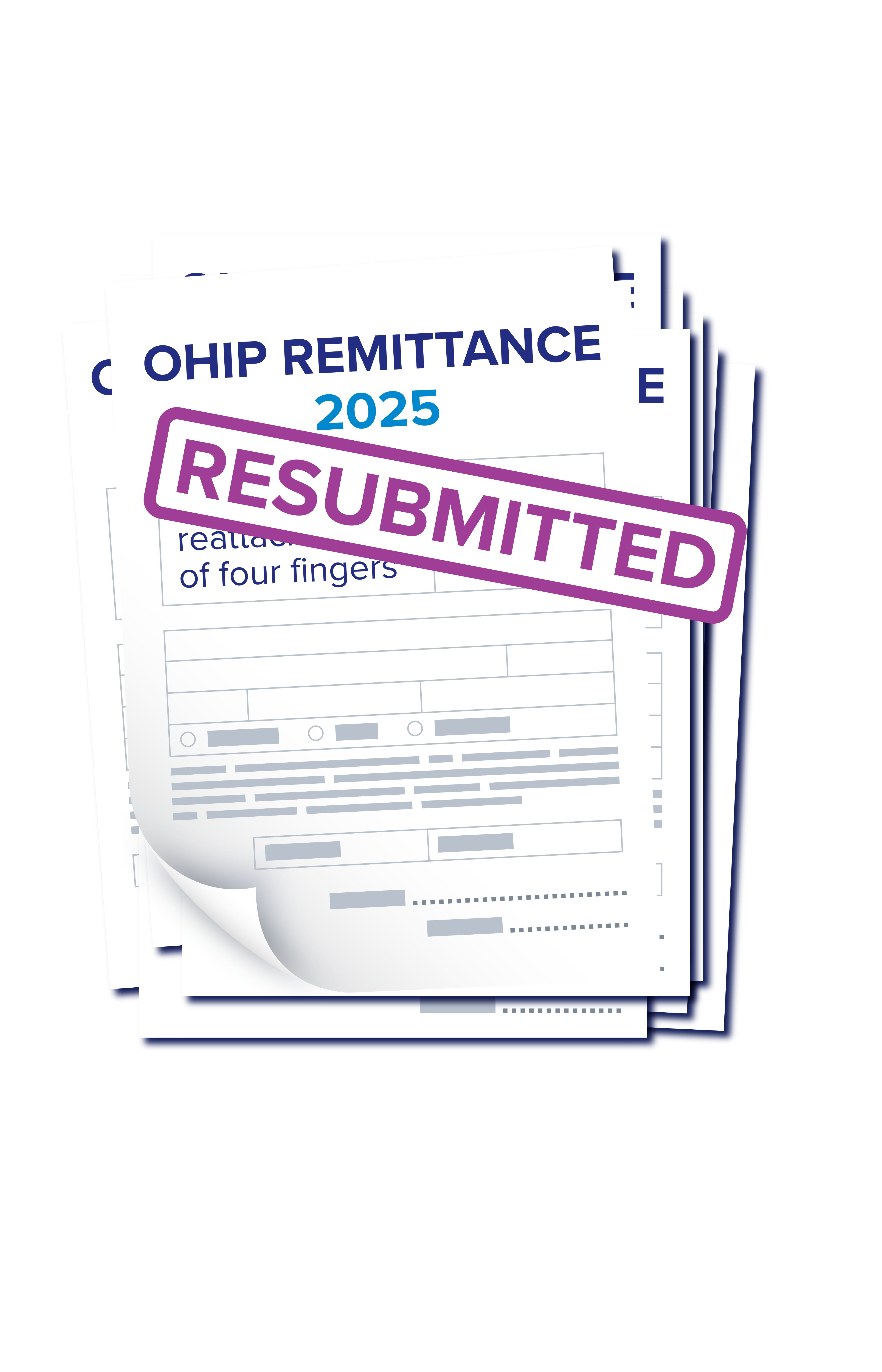 A graphic of an OHIP Remittance form from 2025, stamped "Resubmitted," is seen here.
