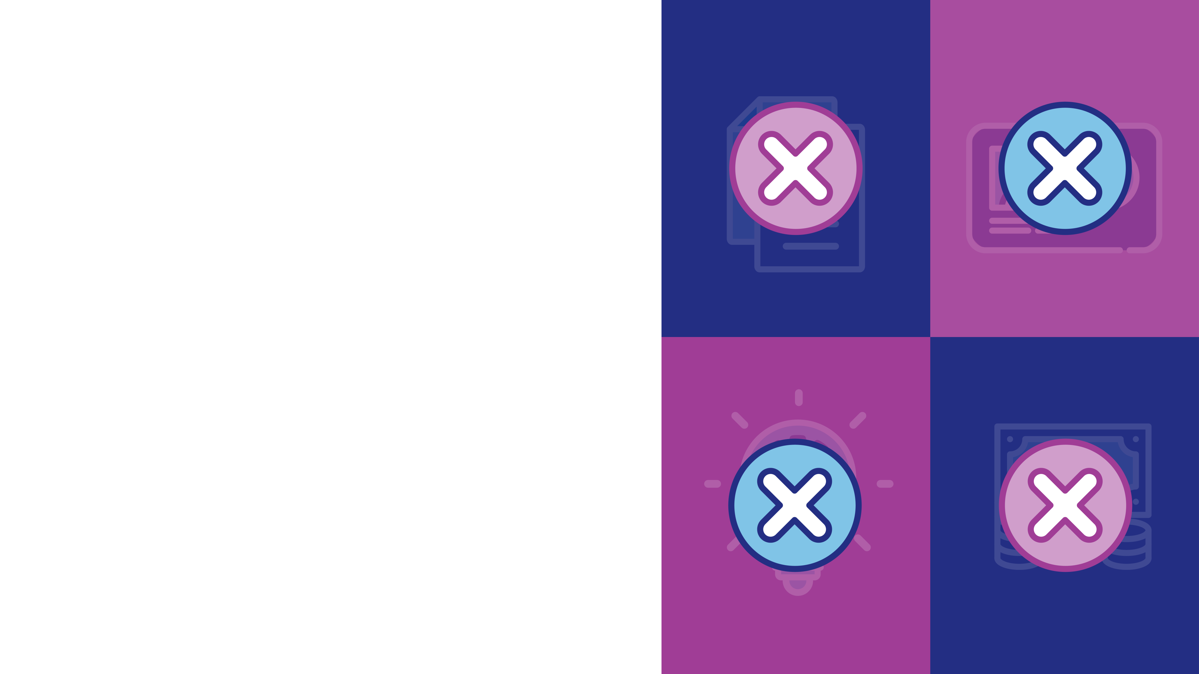 Graphic symbols for a document, a health card, a lightbulb with a gear and money are seen here. With an "X" over the document, health card, light bulb and money.