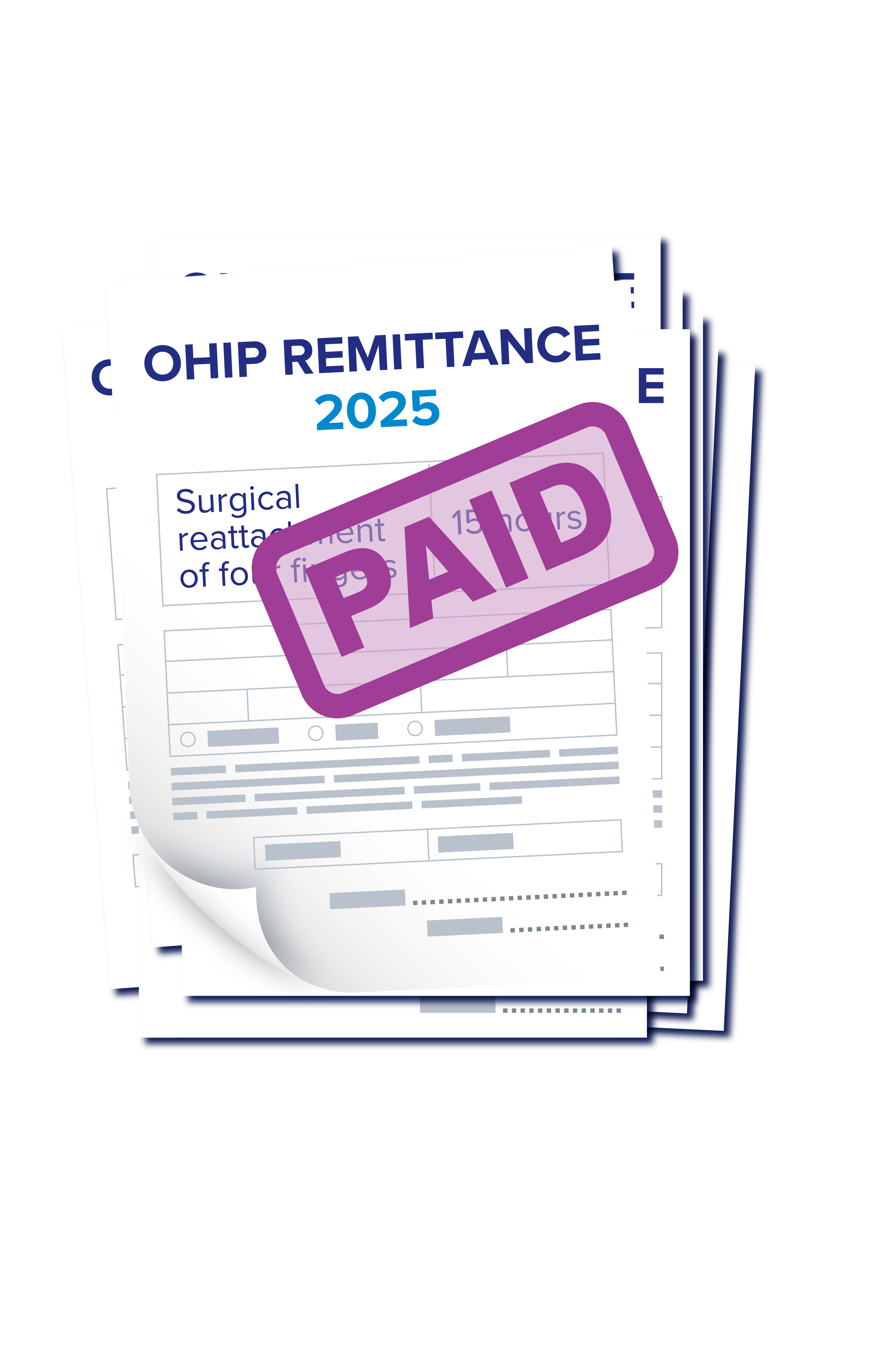 A graphic of an OHIP Remittance form from 2025, stamped "Paid" is seen here.